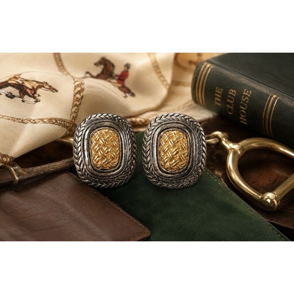 Vintage 1980s Premier Designs Clip On Earrings Gold Silver Tone Rope Equestrian